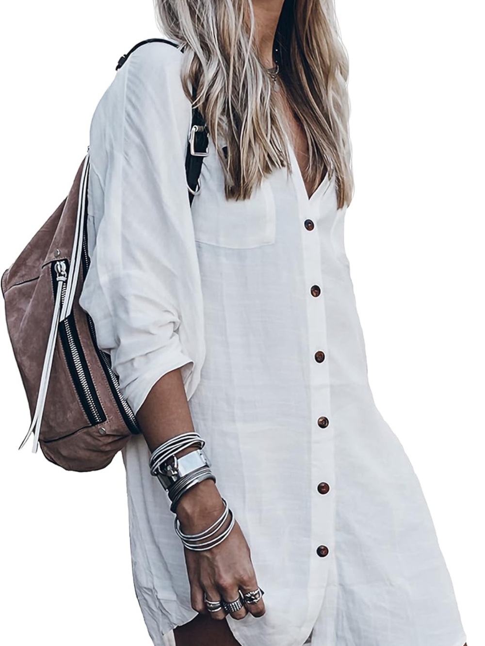 Women's White Button-Front Tunic Shirt Dress